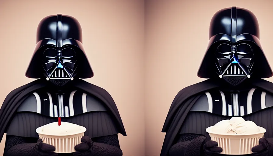 Prompt: darth vader wearing a birthday - hat eats icecream, photorealistic rendering, hyperdetailed, octane, redshift, atmospheric lighting, cinematic composition, wallpaper