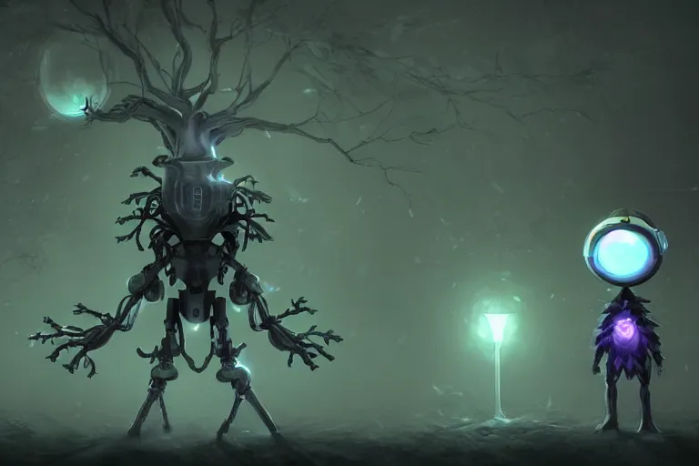 Image similar to a robotic tree humanoid, cute, dark fantasy, foggy, misty, ambient lights, dark lights, moon glow, digital art, video game character, league of legends, glows,