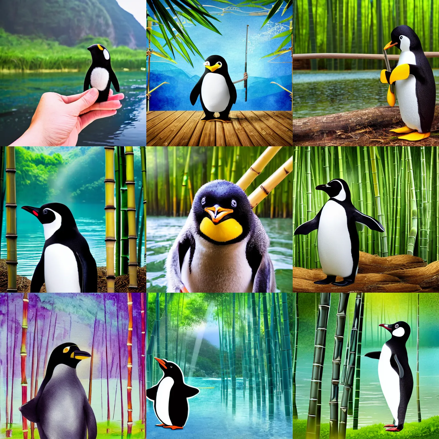 Prompt: Pinguin holding an nunchaku standing in the middle of an bamboo forest next by a lake with beautiful sea flowers, warm ambient light, watercolored