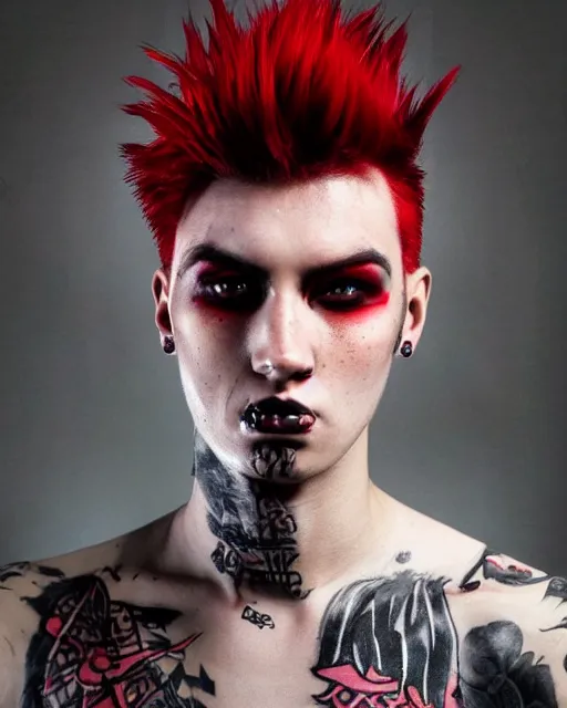 Prompt: young man with a short red mohawk, red irises and a slim face, piercings, dressed in crustpunk clothing, headshot, attractive, handsome, model, trending on artstation, high quality art, character design, realism art, award winning art, clean face, in color, no makeup, no tattoos, no facial hair
