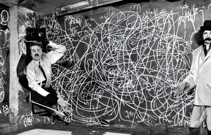 Image similar to DJ Nikolai Tesla spins some beats while MC Albert Einstein drops some dope rhymes, trendy futuristic street art, graffiti, 35mm camera