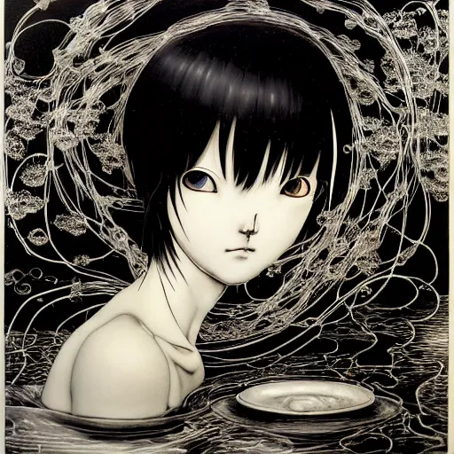 Image similar to prompt: Black and white Fragile looking vessel portrait face drawn by Katsuhiro Otomo, nymph in the water performing alchemy, small flowers and cables and wire around and on the side with artifacts, intricate oil painting, soft light, intricate detail, intricate oil painting detail, sharp high detail, manga and anime 2000