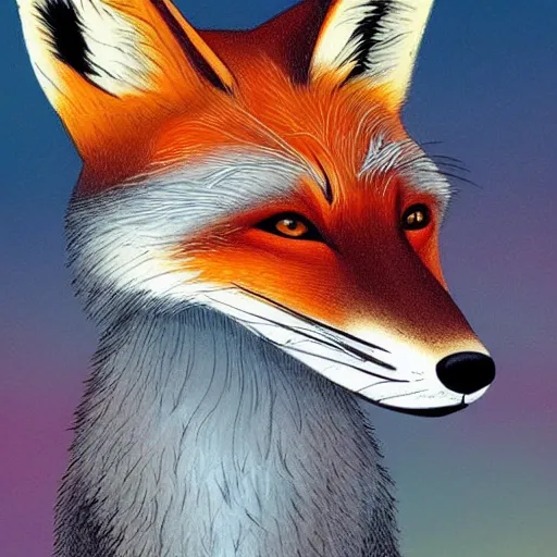 Image similar to a fox laying back relaxing, dreaming of infinity, elegant color palette