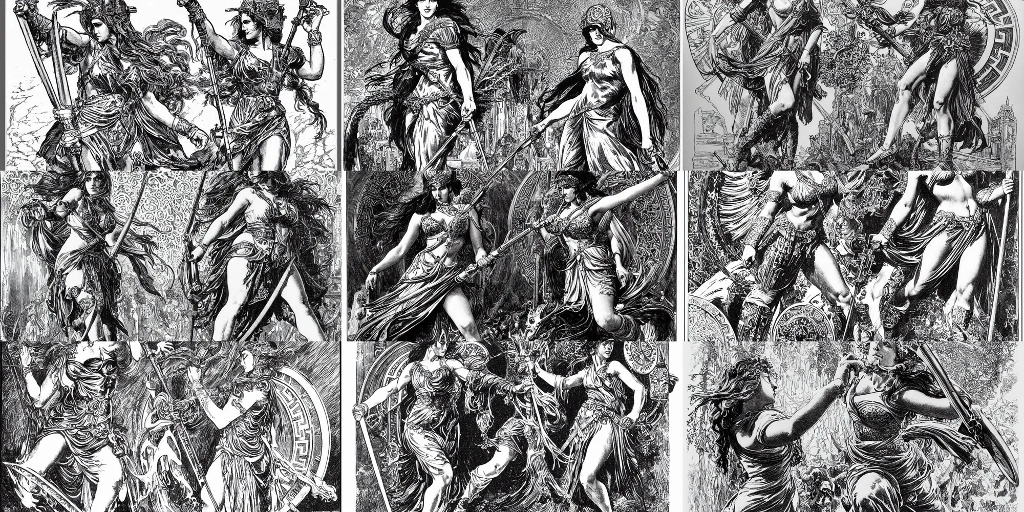 Prompt: Greek Goddess Athena going into battle, Tshirt Design, Heavy Metal, crosshatching, highly detailed, smooth, intricate, ornate by Bernie Wrightson and Alphonse Mucha