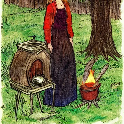 Image similar to the blacksmits’ daughter, working in the forge, fantasy art in the style of Elsa Beskow,