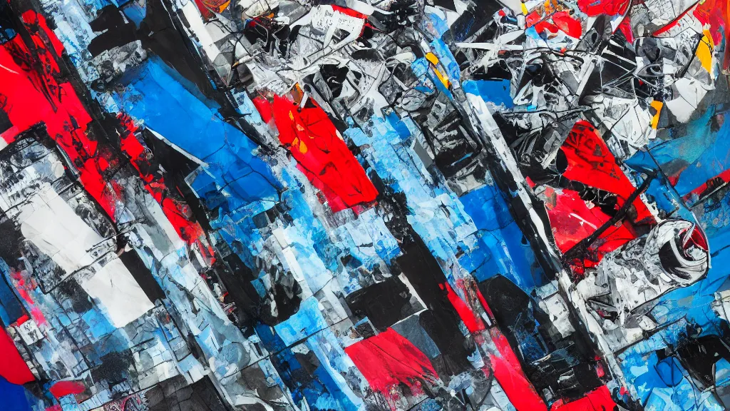 Image similar to lowrider crash test, collage paper and tape, black, blue, acid and red oil, acrylic on canvas, expressionism, high resolution, cinematic, unreal 6 breathtaking detailed, by blake neubert