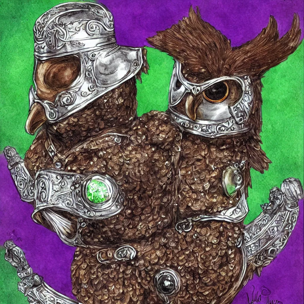 Image similar to A brown owl wearing a viking helmet adorned with a purple crystal, a silver shield and a green tunic. Commission by Juliano Vieira.