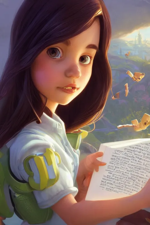 Image similar to highly detailed portrait of beautiful girl reading a book in toy story 3, detailed hands, dynamic pose, stephen bliss, unreal engine, fantasy art by greg rutkowski, loish, rhads, ferdinand knab, makoto shinkai and lois van baarle, ilya kuvshinov, rossdraws, tom bagshaw, global illumination, radiant light, detailed and intricate environment