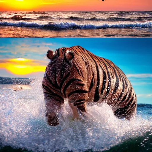 Image similar to a closeup photorealistic photograph of a cute smiling knitted tiger hippopotamus splashing in the waves at sunset. surf in background. professional capture. brightly lit scene. this 4 k hd image is trending on artstation, featured on behance, well - rendered, extra crisp, features intricate detail, epic composition and the style of unreal engine.