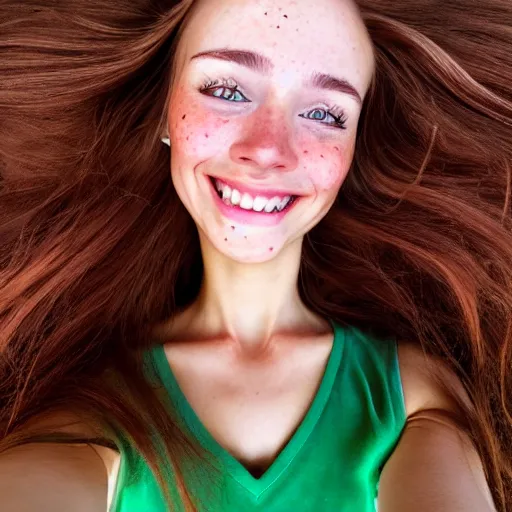 Image similar to beautiful hyperrealism hyperdetailed selfie of a cute young woman smiling softly, long light bronze brown hair, cute freckles, flushed face, red blush, small heart - shaped face, soft features, emerald green eyes, 8 k, sharp focus,