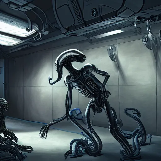 Image similar to alien xenomorph flashed by light, found footage, spaceship mess hall, photorealistic