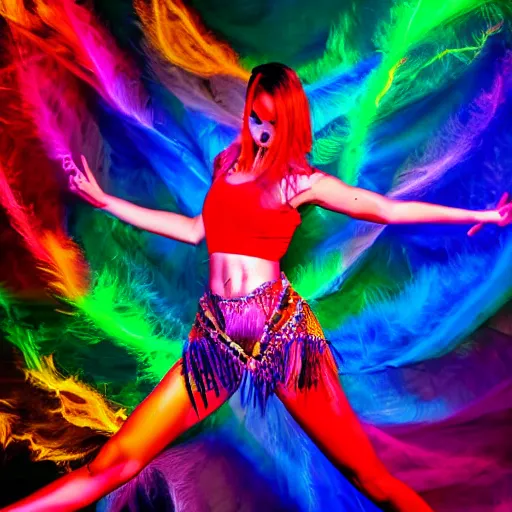 Prompt: rage dance, anger rave, fiery colors, music blasting, in high fashion photoshoot,