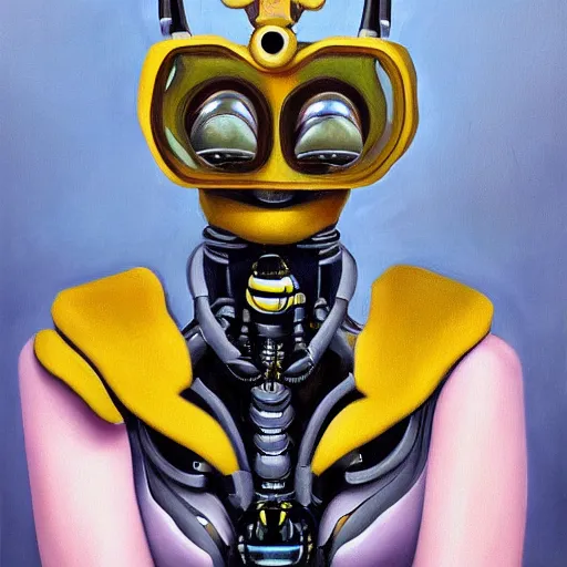 Image similar to a realistic oil painting of a bee as a cybernetic cyborg, surrealism portrait, surrealism album cover