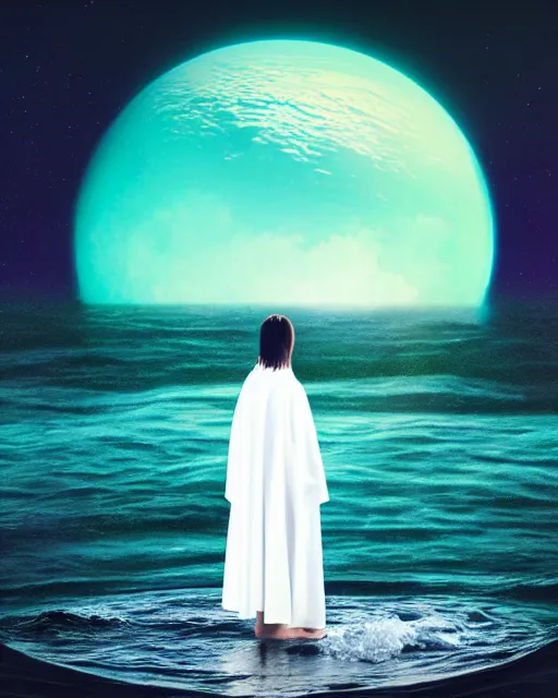 Image similar to a person wearing a white cloak standing in the water. a large planet is overhead. an album cover by stanley twardowicz, trending on cg society, retrofuturism, retrowave, chillwave, synthwave