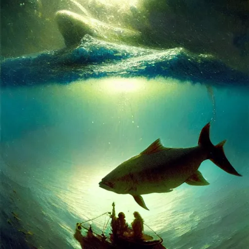 Image similar to point of view of deep in the ocean looking up, you see fishes, higher up you see very clearly the milk way illuminating the sea down bellow. highly detailed painting by gaston bussiere, greg rutkowski 8 k