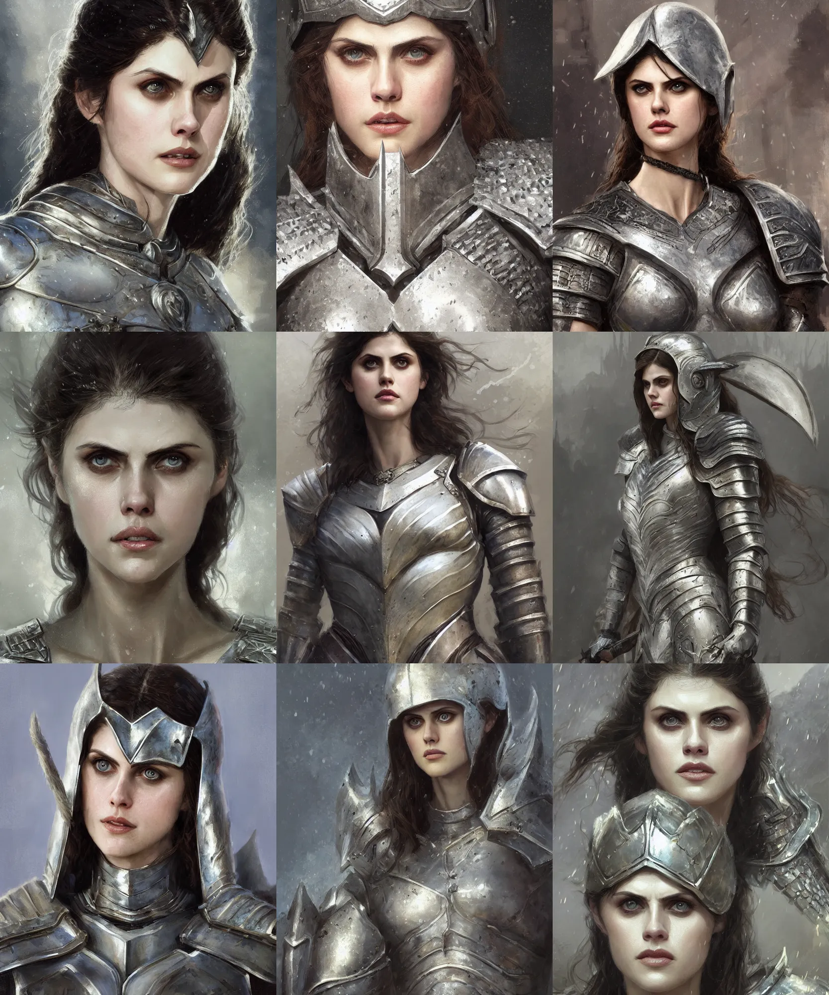 Prompt: digital art painting of alexandra daddario in a silver knight armor inspired in got dnd portrait painted by craig mullins and gaston bussiere and greg rutkowski, symmetrical face, defined facial features, symmetrical facial features, dramatic lighting, close up