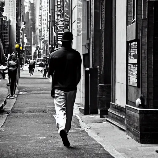 Prompt: Black man walking down Manhattan streets, bok