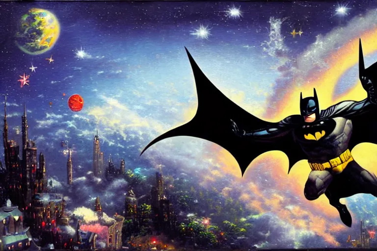 Prompt: thomas kinkade painting of batman in outerspace