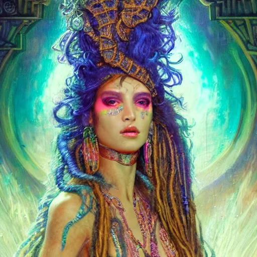 Image similar to artstation, intricate details, hyper details, by gaston bussiere, tan skin sumerian mystic lady of elche, egyptian sumerian features, techno mystic intergalactica electronic pop star, with aqua neon rapunzel dreadlocks,