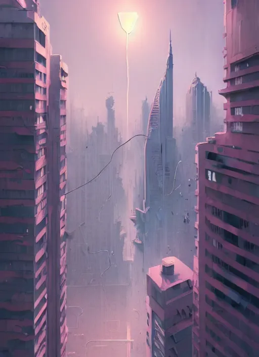 Image similar to highly detailed matte painting, of a 3 d calligraphy graffiti tag light eroding grey walls highrise buildings, by atey ghailan, by greg rutkowski, by greg tocchini, by james gilleard, by joe fenton, by kaethe butcher, pink, brown, light blue and white mystical color scheme, grunge aesthetic, octane render