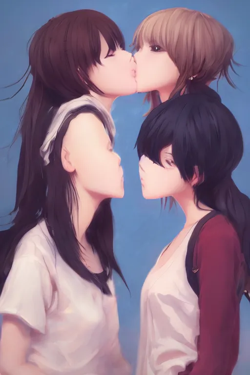 prompthunt: portrait of two girls kissing, anime, drawn by WLOP, trending  on Artstation