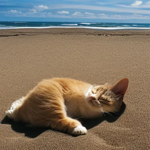 Image similar to a fat cat sleeping on a sand dune,