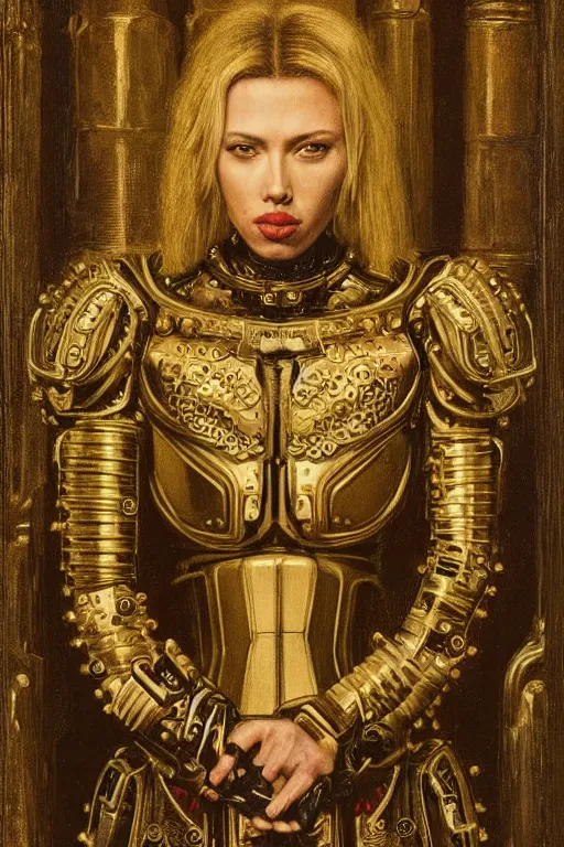 Prompt: portrait of scarlet johansson as warrior of dark futuristic robotic world, by jan van eyck, h r giger, mysticism, intricate, highly ornate dark gold trim armoury