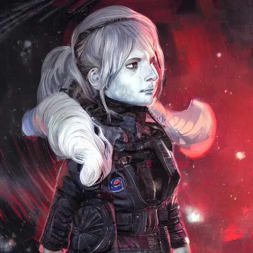 Prompt: highly detailed portrait of a hopeful young astronaut lady with a wavy blonde hair, by Dustin Nguyen, Akihiko Yoshida, Greg Tocchini, Greg Rutkowski, Cliff Chiang, 4k resolution, resident evil inspired, drakenguard inspired, dishonored inspired, vibrant but dreary but upflifting lightening red, black and white color scheme!!! ((Space nebula background))