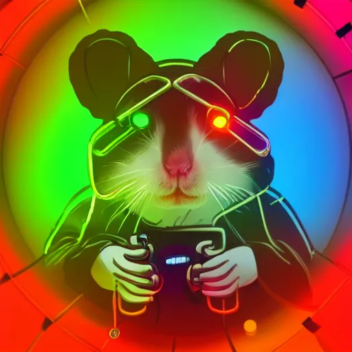 Image similar to cyberpunk hamster! holding rainbow! gem! crystal, neon lights, light reflection, 8 k, hd