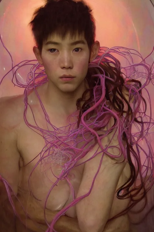 Image similar to hyperrealist portrait of elijah zu bailey, pink, it is decorated with long wires that fall like vines and wears small computers over their body. by jeremy mann and alphonse mucha, fantasy art, photo realistic, dynamic lighting, artstation, poster, volumetric lighting, very detailed faces, 4 k, award winning