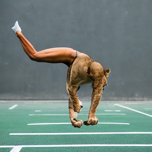 Image similar to an athletic anthropomorphic lioness doing a handstand