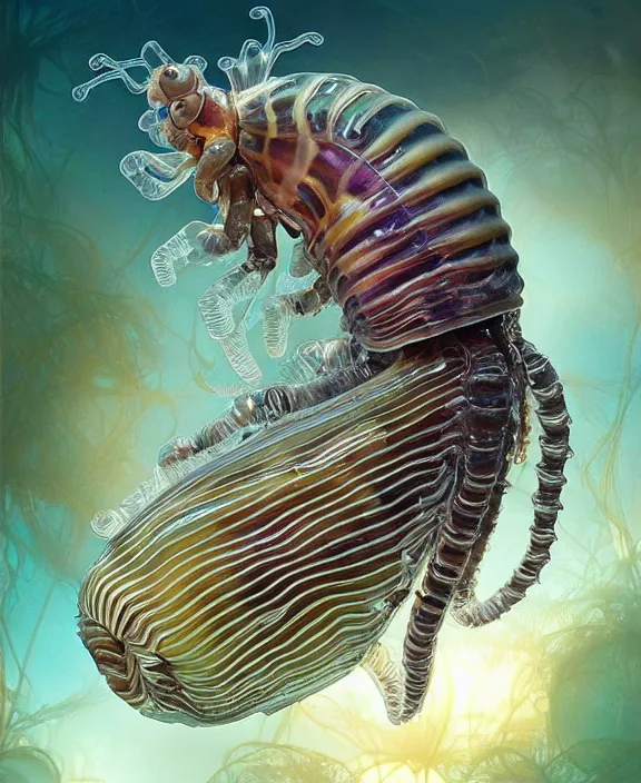 Image similar to intricate opulent transparent clear see - through portrait of a terrifying beautiful male human isopod sea slug, mottled coloring, adorable, childlike, overgrown biopunk jungle environment, ultra realistic, concept art, art nouveau, photorealistic, octane render, 8 k, unreal engine. art by christopher marley and artgerm and greg rutkowski and alphonse mucha