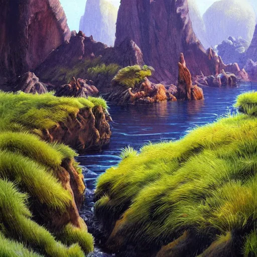 Image similar to painting of a lush natural scene on an alien planet by wojchiech siudmak. beautiful landscape. weird vegetation. cliffs and water.