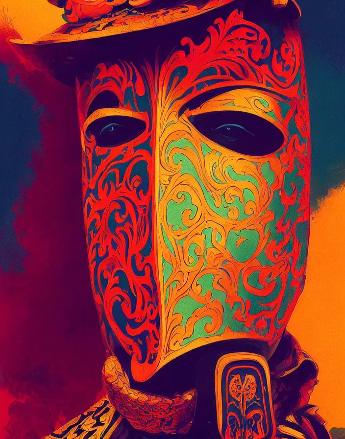 Prompt: a psychedelic portrait of victorian duke with a stylized mask, vibrant color scheme, highly detailed, in the style of romanticism, cinematic, artstation, moebius, greg rutkowski