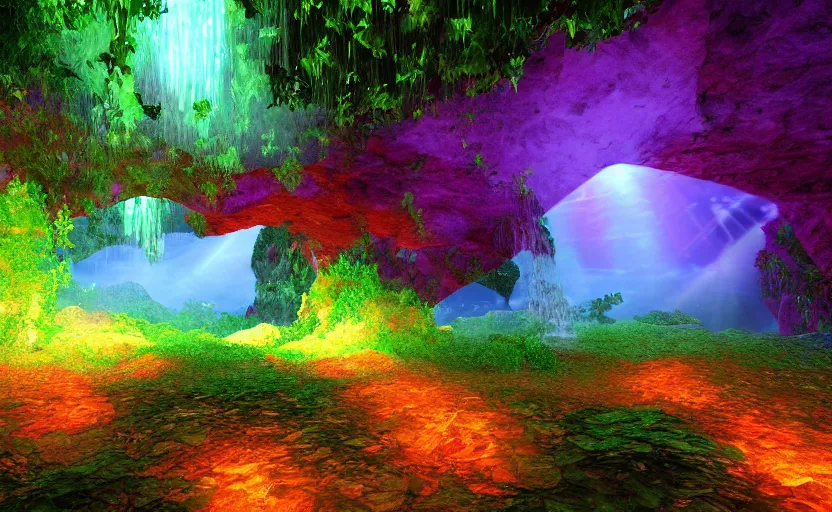 Image similar to a beautiful and stunning professional digital photo of a humongous crystal cave, vines, haze, waterfall, volumetric lighting, hyperrealistic, red, yellow, green, blue, sunset, unreal engine 5, ultra detail