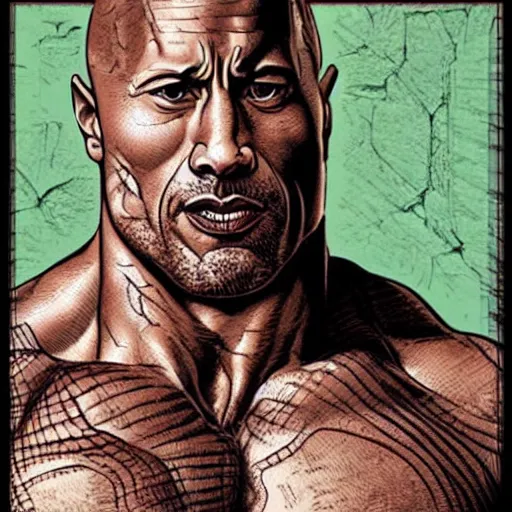 Prompt: dwayne the rock johnson by ed fairburn, joseph clement coll, franklin booth, q hayashida