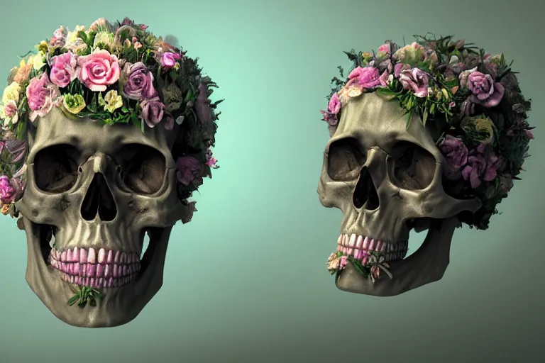 Image similar to human skull made of flowers, artstation, illustration, hd, hq, high resolution, high detail, 4 k, 8 k