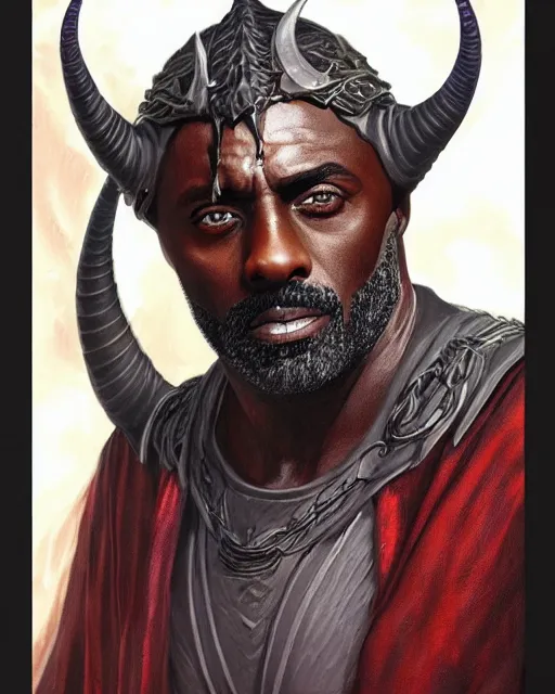 Image similar to detailed portrait of Idris Elba as a horned Tiefling powerful dungeons and dragons warlock, wearing dark robe, intricate, hyper detailed, lovecraftian, realistic, oil painting, by jeff easley, boris vallejo, cinematic lighting