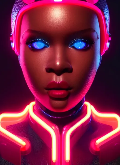 Image similar to photorealistic portrait of black american female humanoid, cyber neon lights, highly detailed, cyberpunk high fashion, gen z, crispy quality, trending in artstation, trending in pinterest, glamor pose, no signature, no watermark, cinematic, octane render, art by artgerm and greg rutkowski and pascal blanche