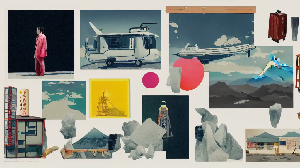 Image similar to an arrangement of traveller explorer props, japan, a collage painting, in the style of wes anderson, lola dupre, david hockney, isolated on negative white space background dark monochrome neon spraypaint accents volumetric octane render