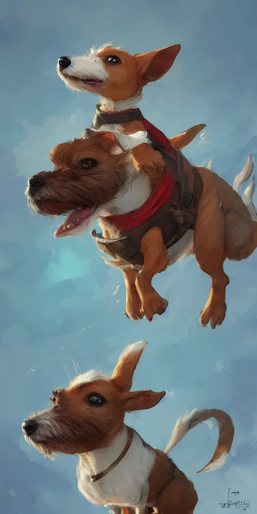 Image similar to adorable jack russel terrier flying above a brick wall, fantasy art, artstation character design contest winner, trending on cgsociety, concept art, speedpaint, beautiful digital art, jesper ejsing, james jean, justin gerard, fenghua zhong, makoto shinkai, highly detailed