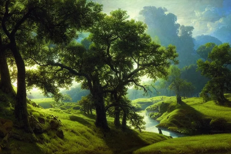 Image similar to masterpiece painting of oak trees on a hillside overlooking a creek, dramatic lighting, by james c. christensen