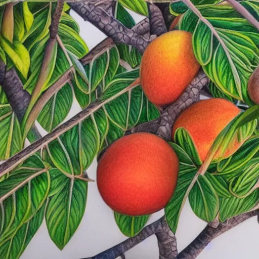 Prompt: Colored pencil art on paper, Mango tree, highly detailed, artstation, MasterPiece, Award-Winning, Caran d'Ache Luminance