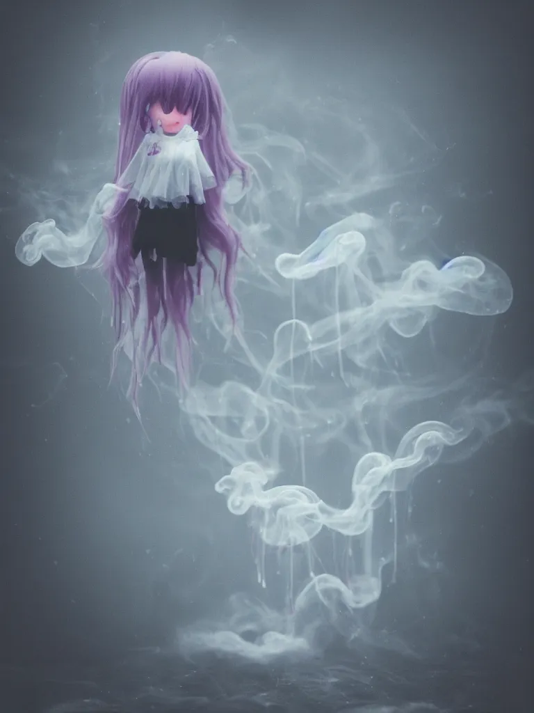 Prompt: cute fumo plush beautiful chibi ectoplasmic gothic witch jellyfish ghost girl, glowing milky wisps of hazy smoke and volumetric fog on a heavy rainstormy reflective river in the falling rain, lens flare, subsurface scattering, vignette, asymmetry, bokeh, refraction, vray