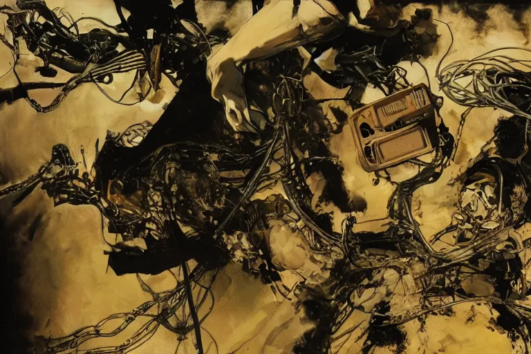 Prompt: GoPro footage page of tetsuo\'s arm morphing into flesh, wires and tubes, by Katsuhiro Otomo, Phil hale, Ashley wood, Ilya repin, frank frazetta, 8k, hd, high resolution print