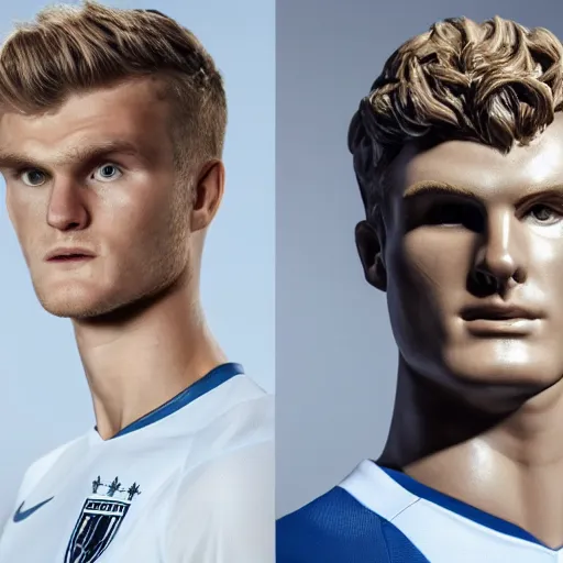 Image similar to a realistic detailed photo of a guy who is an attractive humanoid who is half robot and half humanoid, who is a male android, soccer players martin ødegaard & timo werner, shiny skin, posing like a statue, blank stare, in a living room, on display, showing off his muscles, gold soccer shorts, side view, looking at each other mindlessly