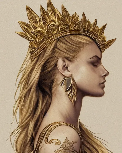 Image similar to tattoo sketch of blonde super model aphrodite greek goddess wearing a gold laurel wreath and triangle earrings, beautiful piercing gaze with sharp pupils, in the style of greg rutkowski, fantasy, amazing detail, epic, elegant, smooth, sharp focus, front view