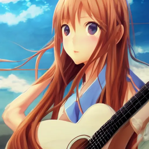 Image similar to a very beautiful young yuuki asuna playing guitar, full body, long wavy blond hair, sky blue eyes, full round face,, bikini, miniskirt, front view, mid - shot, highly detailed, cinematic wallpaper by stanley artgerm lau