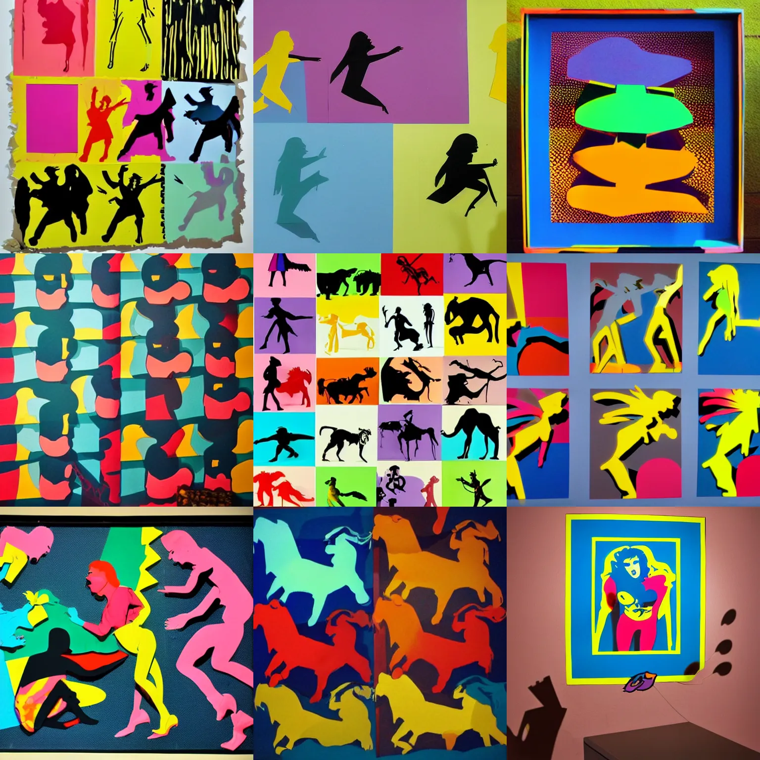 Prompt: colorful 1 9 7 3 pop art shadow puppets