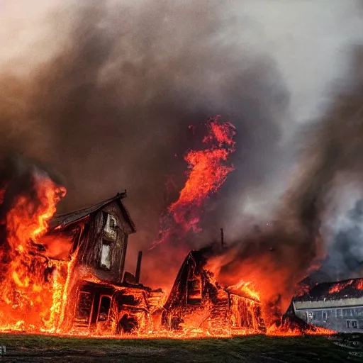 Prompt: detailed medium format photo, polaroid still from a scandinavian movie, picture of a norse village burning down, haze, high production value, intricate details, 8 k resolution, hyperrealistic, hdr, photorealistic, high definition, tehnicolor, award - winning photography, masterpiece, amazing colors